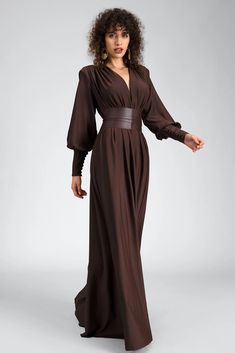 Women's Soraida Long Sleeve Belt Brown Maxi Cocktail Attire Sleek Long Sleeve Formal Maxi Dress, Elegant Long Sleeve Midi Dress With Belted Cuffs, Elegant Long Maxi Dress For Fall, Fall Elegant Maxi Dress, Fitted Long Sleeve Dresses With Belted Cuffs, Elegant Fall Dresses With Belted Cuffs, Formal V-neck Dress With Belt, Elegant Long Sleeve Floor-length Dress For Fall, Elegant Belted Midi Dress