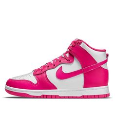 The Nike Dunk High Pink Prime is a stylish, women's high-top sneaker with modern materials. This model is crafted with a smooth white leather upper and bold Pink Prime overlays that provide a unique look and feel. The silhouette is completed by the signature logo Swooshes and a woven Nike tongue label which gives an additional dose of style. Get ready to add the new Nike Dunk High Pink Prime to your wardrobe for unbeatable comfort and style. With its modern design, it will serve you season after season for all-day wearability that looks great on every occasion. Dunk High Pink Prime, Jordan Shoes Girls, Preppy Shoes, Dunks Nike, Cute Nike Shoes, Cute Nike, Nike Dunk High, Dunk High, Adidas Campus