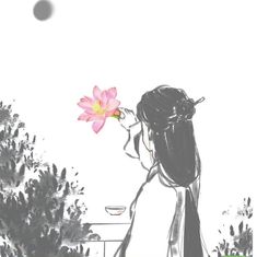 a drawing of a woman holding a pink flower in her hand and looking at the sky