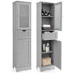 two gray bathroom cabinets next to each other with baskets on the top and bottom shelves