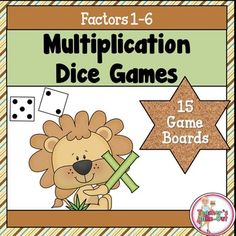 a lion holding a piece of paper that says, factor 16 multiplication dice games