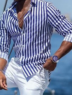 Men's Casual Cotton Blend Long Sleeves Stripes Shirt - Mondressy Elegant Classic Fashion, Romper Men, Striped Long Sleeve Shirt, Womens Bathing Suits, Elegant Shirt, Fashion 2024, Womens Activewear, Men's Apparel, Classic Fashion