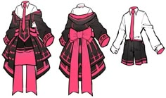 three different types of clothing are shown in this drawing style, including pink and black