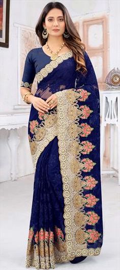 Blue color Saree in Net fabric with Embroidered, Moti, Resham, Stone, Thread, Zari work Blue Traditional Wear With Intricate Embroidery For Wedding, Blue Traditional Wear With Intricate Embroidery In Georgette, Blue Semi-stitched Georgette Embroidered Fabric, Semi-stitched Blue Georgette Embroidered Fabric, Blue Dori Work Saree For Eid, Blue Embroidered Fabric For Diwali, Blue Anarkali Saree With Intricate Embroidery, Blue Georgette Saree With Intricate Embroidery, Bollywood Style Blue Saree With Intricate Embroidery