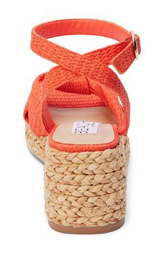 A knotted vamp accent brings modern dimension to a boho-cool sandal lifted by a raffia-wrapped platform and integrated wedge heel. 3" heel; 1" platform Adjustable ankle strap with buckle closure Cushioned footbed with arch support Synthetic upper, lining and sole Imported Adjustable Summer Heels For Vacation, Adjustable Heels For Summer Vacation, Adjustable Heels For Beach Vacation, Bohemian Platform Wedge Sandals For Summer, Summer Bohemian Platform Wedge Sandals, Casual Beach Wedge Sandals With Wrapped Heel, Vacation Wedge Sandals With Ankle Strap And Stacked Heel, Vacation Ankle Strap Wedge Sandals With Stacked Heel, Vacation Wedge Sandals With Stacked Heel And Ankle Strap