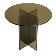 a glass and metal table with an arrow design on the top, against a white background