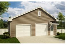 a two car garage is shown in front of a white picket fence and green grass