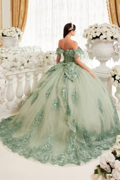 Scallop Sleeves, Long Off The Shoulder Dress, Beautiful Ballgown, Green Ball Gown, Floral Ball Gown, Ball Gown Quinceanera Dresses, Quinceanera Themes Dresses, Off Shoulder Ball Gown, Long Ball Gown