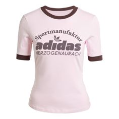 (WMNS) adidas originals Retro Graphic Tee 'Pink' IR6087 Adidas Three Stripes T-shirt For Spring, Sporty Pink T-shirt With Logo Print, Adidas T-shirt For Spring Streetwear, Casual T-shirt With Three Stripes Branding For Spring, Sportswear Tops With Three Stripes For Spring, Fitted Pink T-shirt For Streetwear, Sportswear Tops For Spring, Spring Sportswear Top With Three Stripes, Trendy Adidas T-shirt With Letter Print