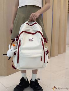 BirdinBag - Functional Two Tone Laptop Backpack with Cartoon Bag Charm for Chic Charm White Large Capacity Canvas Bag For School, White Canvas School Bag With Zipper Closure, White Canvas Bag With Zipper Closure For School, Large Capacity White Canvas School Bag, White Canvas Satchel Bag For Students, White Canvas Satchel For Students, White Canvas Satchel For School, White Canvas Backpack For Travel, White Large Capacity Bags For Students