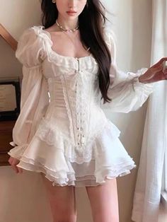 White Short Dresses, Y2k Mini Dress, Y2k Fall Outfits, Short Dresses For Women, White Y2k, Summer Long Sleeve, Fashion Japanese, Split Long Dress, Y2k Dresses