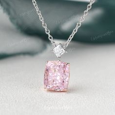 5ct Pink Simulated Diamond Necklace Cushion Pink CZ Two Stones White Gold Princess Cut Pendant Bridesmaid Necklace Anniversary Gift For Her Jewelry Details: * Center Stone: Pink Cubic Zirconia (Simulated Diamond) * Measures: 5ct * Accent Stone: Colorless Cubic Zirconia (Simulated Diamond) * Color: white gold as the picture, rose gold and yellow gold ( both chain and pendant ) * Metal Type: Solid 14k yellow gold, rose gold, white gold (Platinum, 10K or 18K metal upgrade, upon request) * Eco Frien Luxury Rose Gold Diamond Necklace With Gemstone, Cubic Zirconia Solitaire Necklace For Valentine's Day Wedding, Formal Pink Diamond Cut Necklaces, Pink Clavicle Chain Jewelry For Anniversary, Pink Clavicle Chain Necklace For Anniversary, Pink Clavicle Chain Necklaces For Anniversary, Pink Clavicle Chain Jewelry For Wedding, Silver Solitaire Necklace For Valentine's Day Wedding, Formal Pink Crystal Necklace