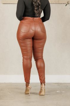 Draya Coated Skinny Pants - Copper – J. Brooks Boutique Brown High-waisted Leather Pants For Winter, Brown High-waisted Leggings For Fall, Non-stretch Brown Bottoms For Fall, Brown Pants For Night Out In Winter, Stretch Brown Winter Bottoms, Stretch Brown Leather Trousers, Brown Stretch Leather Pants, Brown Stretch Leather Trousers, Stretch Brown Bottoms For Fall