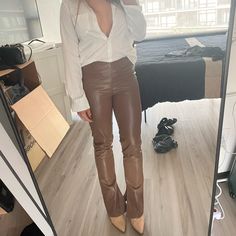 2 Pairs Of Leather Flare Pants And Leather Skirts. Only Wore Brown Pants Once Everything Else Is New Has Tags But They No Longer Fit Fitted Flare Leather Pants For Work, Elegant Flare Leather Pants For Fall, Elegant Flared Leather Pants For Night Out, Trendy Workwear Pants By H&m, Trendy Workwear Pants From H&m, Non-stretch Wide Leg Leather Pants For Spring, Chic Brown Leather Pants For Spring, Non-stretch Full Length Bottoms For Going Out, Brown Leather Spring Pants Full Length