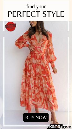 Fashion Printed Long Sleeve V-neck Swing Dress Spring V-neck Maxi Dress For Date Night, Elegant Long Sleeve V-neck Dress For Vacation, Flowy V-neck Dress For Fall, Spring Maxi Dress With Notched Neckline, V-neck Midi Dress For Spring Date Night, V-neck Dress For Brunch In Fall, V-neck Dresses For Brunch In Fall, V-neck Dress For Fall Brunch, V-neck Dresses For Fall Brunch