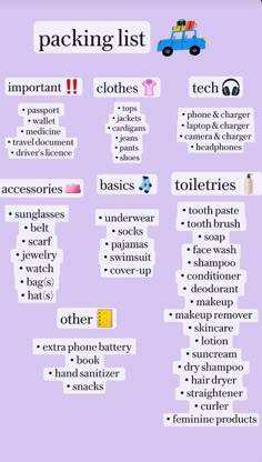 the packing list is shown in purple and has different types of items to choose from