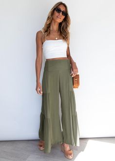 Boho High Waisted Leoprad Wide Leg Flowy Pants Summer Khaki Relaxed-fit Cargo Pants, Khaki Full-length Cargo Pants For Summer, Stretch Cargo Pants For Summer, Stretch Summer Cargo Pants, Khaki Stretch Wide Leg Pants, Khaki Full-length Parachute Pants For Summer, Fitted Khaki Long Pants, High Waist Pants For Vacation, High Waist Green Pants With Elastic Waistband