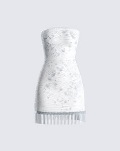 Light up any room you enter in this white sequin mini dress ✨ Constructed from sunburst beaded & sequin fabric, complete with a strapless bodycon style, and beaded fringe trim - this look will leave them shook 🤩 White Sparkle Formal Dress, All White Dress Birthday, Tassel Party Dress, Iconic Hoco Dresses, Sparkly Semi Formal Dresses, White Dresses Engagement Party, 70s Party Dress White, Shell Cup Dress, Christmas Church Dresses