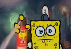 a spongebob character holding a spray bottle in front of a spooky background