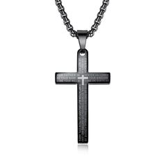 Men's Christian Necklace Lord's Prayer (Black) Personalized Black Cross Pendant Necklace, Black Laser Engraved Jewelry For Father's Day, Personalized Black Spiritual Necklaces, Personalized Spiritual Black Necklaces, Father's Day Black Laser Engraved Jewelry, Black Engraved Cross Pendant Necklace, Black Engraved Crucifix Necklace, Black Engraved Cross Necklace Gift, Black Crucifix Necklace Engraved