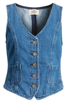 Patch pockets and princess seams adorn this easy denim vest secured by buttons down the front. Front button closure V-neck Sleeveless Front patch pockets Machine wash, tumble dry 100% cotton Made in Turkey Medium Wash Vest With Buttons, Denim Vest With Buttons For Workwear, Casual Medium Wash Button-up Vest, Casual Denim Blue Vest With Buttons, Button-up Cotton Denim Vest With Pockets, Cotton Button-up Denim Vest With Pockets, Cotton Denim Vest With Pockets, Summer Medium Wash Vest With Buttons, Medium Wash Button Vest For Summer