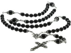 Sterling Silver Rosary Necklace Onyx with Crucifix & Miraculous Medal Spiritual Black Jewelry With Polished Beads, Black Onyx 8mm Bead Jewelry, Black Onyx Jewelry With 8mm Beads, Black Onyx 8mm Beads Jewelry, Black Gothic Jewelry With 8mm Beads, Black Sterling Silver Jewelry With 8mm Beads, Black Sterling Silver Jewelry With Polished Beads, Elegant Black Rosary With 8mm Beads, Spiritual Black Beads With Silver Accents