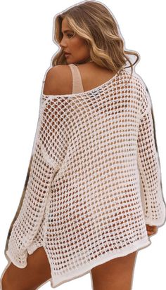 Long Sleeve Crochet Cover-up For Vacation, Spring Beachwear Cover-up With Open Knit, White Crochet Beachwear Cover-up, Lightweight Long Sleeve Beachwear Cover-up, Summer Crochet Cover-up For Vacation, Bohemian Lightweight Cover-up For Beach Party, Lightweight Beachy Cover-up For Vacation, Summer Crochet Top For Vacation Beach Cover-up, Lightweight Beachy Cover-up For Beach