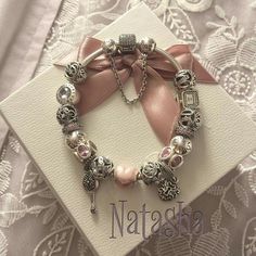 Coquette Pandora, Pink Charm Bracelet Aesthetic, Pandora Bracelet Aesthetic Pink, Coquette Pandora Bracelet, Pink Charm Bracelet Pandora, Pink Pandora Bracelet, Luxury Pink Bracelets With Charms