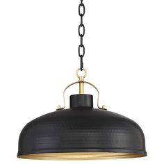 a black and gold pendant light hanging from a chain on an isolated ceiling fixture with a white background