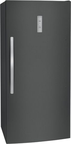 a black refrigerator freezer sitting on top of a white counter