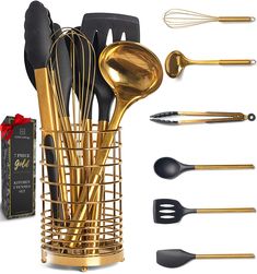 gold and black kitchen utensils in a holder