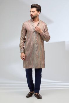 Taupe silk kurta with thread and jaal embroidery. Comes with blue cotton silk pant. - Aza Fashions Jaal Embroidery, Beige Kurta, Silk Pant, Diana Penty, Silk Kurta, Sara Ali Khan, Luxury Sale, Silk Pants, Fashion App