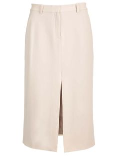 Beige midi skirt from Theory in Japanese crepe, details inspired by trousers, including hook and zip fly, belt loops, welt and slip pockets, straight and precise silhouette. Spring Skirt With Concealed Front Fastening, Midi Length Skirt With Belt Loops, Modern Asymmetrical Pencil Skirt For Workwear, Modern Asymmetrical Pencil Skirt For Work, Tailored Midi Skirt For Workwear, Modern Midi Skirt For Workwear, Belted Asymmetrical Skirt For Workwear, Modern Structured Workwear Skirt, Modern Asymmetrical Skirt For Workwear