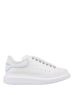 Oversized sneakers by Alexander McQueen made of white calf leather with a white silicone heel outlined in powder blue and a lace-up design with powder blue laces. The model is completed with the Alexander McQueen signature and a thick white rubber sole. Extra white laces are included. Composition: Compisition:, 100% Calf Leather. Light Blue Leather Sneakers With Laces, White Luxury Platform Sneakers With Rubber Sole, Luxury White Platform Sneakers With Rubber Sole, Luxury White Rubber Sole Platform Sneakers, Luxury White Lace-up Platform Sneakers, White Leather Platform Sneakers With Translucent Outsole, White Leather Platform Sneakers With White Laces, Alexander Mcqueen White, Sneaker Wedge