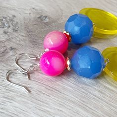 Colorful Earrings, Colorful Statement Earrings, Bright Colors Earrings, Lucite Earrings, Pink Yellow Blue Earrings, Neon Earrings Dangle Colorful Vibrant Earrings With Ear Wire, Vibrant Colorful Earrings For Gifts, Playful Pink Round Earrings, Vibrant Dangle Earrings With Ear Wire, Hypoallergenic Multicolor Earrings For Parties, Fun Blue Drop Earrings, Vibrant Blue Drop Earrings, Vibrant Handmade Drop Earrings, Playful Multicolor Ear Wire Earrings