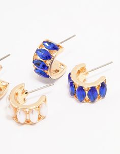 This earring pack includes two gold-toned huggie hoops, each decorated with white and blue stones for a pop of colour. Dimensions: Length 15mm x Width 10mm Backing Type: Post Back Weight: 13.8g | Lovisa Gold White & Blue Hoop Earring Pack Earring Pack, Blue Stones, Blue Stone, White Blue, Color Pop, Gold Tones, Hoop Earrings, Stone, Gold