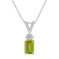 Adorned with an emerald-cut peridot center stone, and dazzling diamond accents, this eye-catching pendant completes your stylish look. Adorned with an emerald-cut peridot center stone, and dazzling diamond accents, this eye-catching pendant completes your stylish look. Pendant size: 2/3"L x 1/5"W Chain length: 18 in. Chain type: rope Metal: 14k gold Plating: rhodium Finish: polished Packaging: boxedSTONE DETAILS Stone type: peridot Total weight: 1 1/10 ct. Stone size: 7 mm x 5 mm Shape: emerald Formal Green Gemstone Diamond Necklace, Green Diamond Necklace For Formal Events, Formal Green Diamond Necklace For May Birthstone, Fine Jewelry Green Diamond Gemstone Necklace, Green Gemstone Diamond Necklace In Fine Jewelry Style, Fine Jewelry Green Diamond Necklace For Anniversary, Green Peridot Necklace In Fine Jewelry Style, Classic Green Diamond Pendant Necklace, Formal Peridot Gemstones For May Birthstone