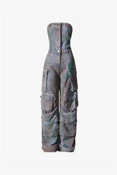 Introducing our Denim Wide Leg Jumpsuit— avant-garde for this season, the mix of utility and high fashion in one. It includes a high-waisted corset bodice that cinches the waist, creating an accentuated hourglass figure. Hand-distressed with multilayered washes, it has a unique, vintage-inspired feel that will make you stand out in any crowd. This jumpsuit also has multiple roomy cargo pockets for storage, making it both functional and tough. The wide-leg cut gives roomy comfort, while adjustable drawstrings at the ankles provide a way to tailor your look. Ideal for those with avant-garde fashion preferences: this Cargo Jumpsuit will be the talk of the town, effortlessly mixing practical details with edgy style. It's an ideal piece to rock with your favorite boots or heels. Denim Jumpsuit Cargo Jumpsuit, Neon Dresses, Pocket Jumpsuit, High Waist Wide Leg Pants, Women Streetwear, One Piece Suit, Pantalon Large, Denim Jumpsuit, Bandeau Top