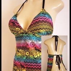 Tying Back Tankini Top Swimwear T-back Halter Top For Poolside And Beach Season, Multicolor Tankini With Built-in Bra For Swimming, Beach Season Halter Top With Built-in Bra And T-back, Multicolor Tankini With Built-in Bra For Beach, T-back Tankini With Built-in Bra For Sunbathing, Swimming Halter Top With Tie Back, Beachwear Halter Top T-back For Pool, Stretch T-back Halter Top For Beachwear, Triangle Halter Top With Built-in Bra For Swimming