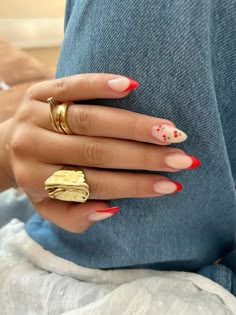 Red Nail Designs Aesthetic, French Tip Fruit Nails, Easy Fruit Nails, Summer Red Nails 2024, Tiny Nail Art, Red Detail Nails, Fruit Summer Nails, Red Nail Inspo Almond, Summer Cherry Nails