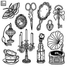 an image of various objects that are drawn in black and white on a white background