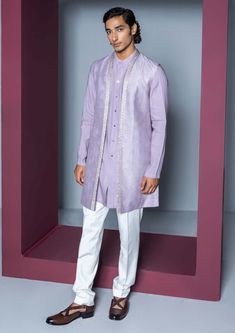 Contrast By Parth-Noor Lilac Shrug And Kurta Set-INDIASPOPUP.COM Kurta And Pants, Sherwani For Men, Wedding Sherwani, Nehru Jacket, Nehru Jackets, Band Collar, Jodhpur, Short Suit, Kurta Set