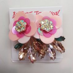 1-1/4" Pink Lucite Petals With Iridescent Hot Pink Inner Petals And 7-Rhinestone Center. Swiveling On Post Is Removable Collection Of 3 Pink And 2 Green Rhinestones. Studs. Gold Fixings. 2" Drop With Swivel. Retail - $45. Nwt Big Gold Earrings, Writing Thank You Cards, Betsey Johnson Earrings, Daisy Studs, Studs Gold, Flower Ear, Ear Jacket Earring, Ear Jacket, Floral Jacket