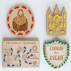 three wooden magnets with the words choose the right and the plan of salvation on them