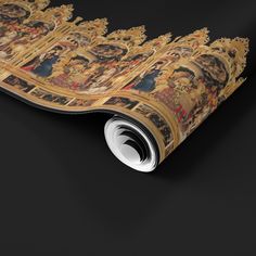 an ornate wallpaper with gold, black and red designs on the edges is shown