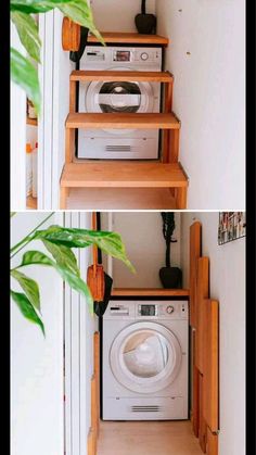 two pictures of a washer and dryer in the same room