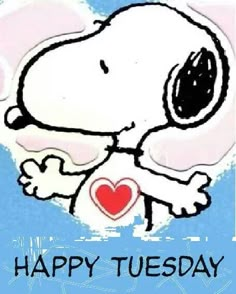 a cartoon snoopy holding a heart with the words happy tuesday written below it on a blue background