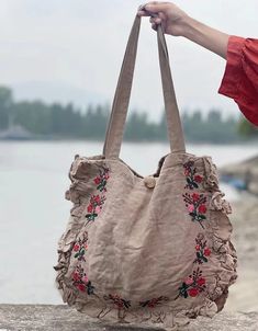 Women's Ruffle Linen Embroidery Shoulder Bag Embroidery Shoulder, Boho Style Bag, Ruffle Linen, Linen Embroidery, Fairy Fashion, Vestidos Vintage, Linen Bag, Batik, Boho Fashion