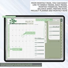 an image of a planner with the words march written on it and green leaves in the middle