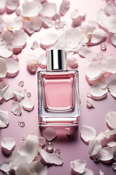 a bottle of perfume sitting on top of a pink surface with white flowers around it